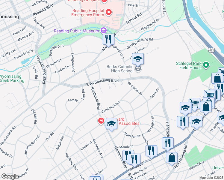 map of restaurants, bars, coffee shops, grocery stores, and more near 1100 East Wyomissing Boulevard in Reading