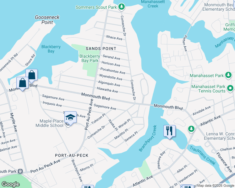 map of restaurants, bars, coffee shops, grocery stores, and more near 22 Hiawatha Avenue in Oceanport