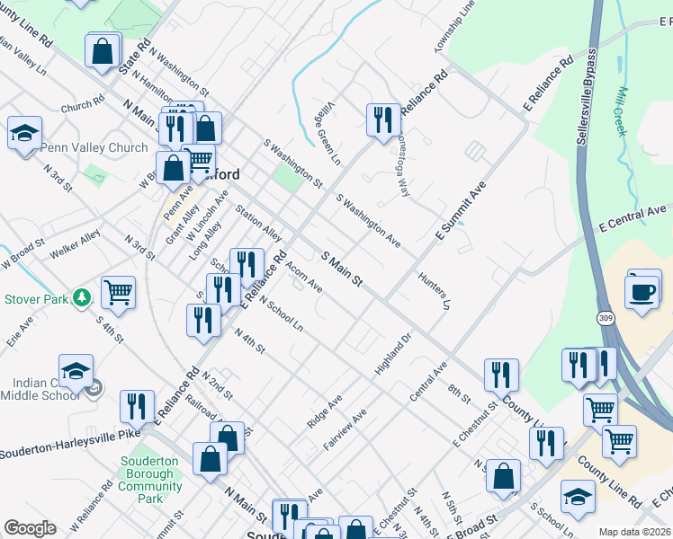 map of restaurants, bars, coffee shops, grocery stores, and more near 376 South Main Street in Telford
