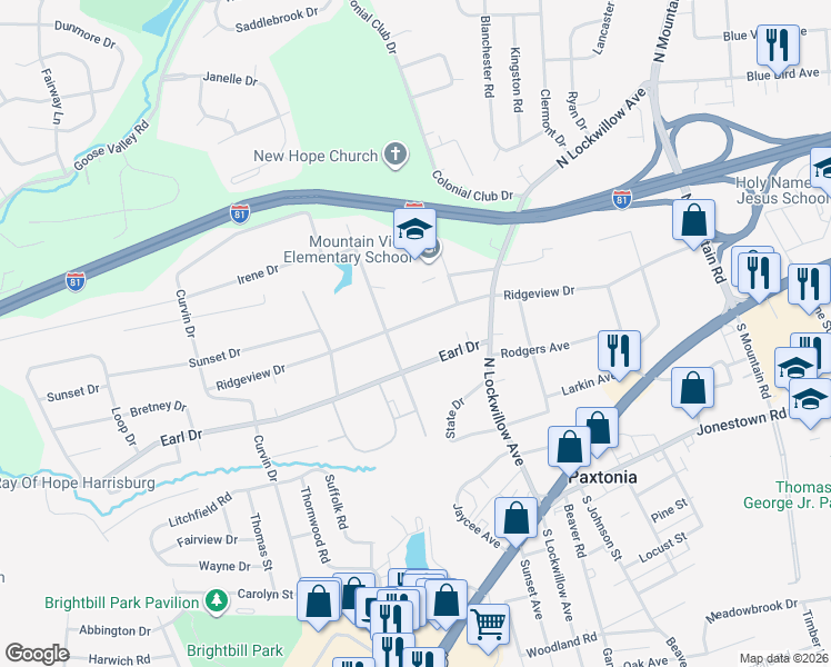 map of restaurants, bars, coffee shops, grocery stores, and more near 5309 Ridgeview Dr in Harrisburg
