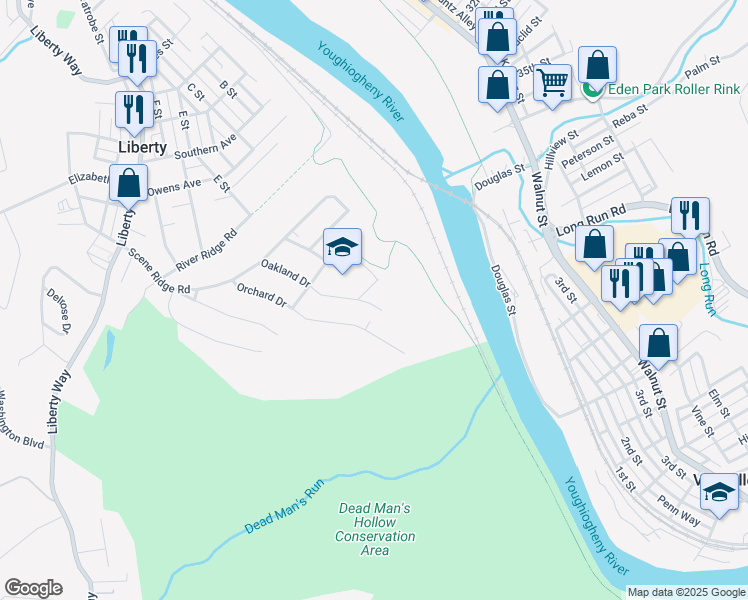 map of restaurants, bars, coffee shops, grocery stores, and more near 3329 Oakland Drive in McKeesport