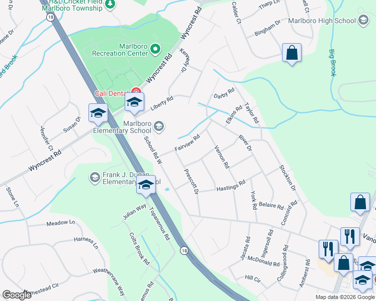map of restaurants, bars, coffee shops, grocery stores, and more near 12 Fairview Road in Marlboro