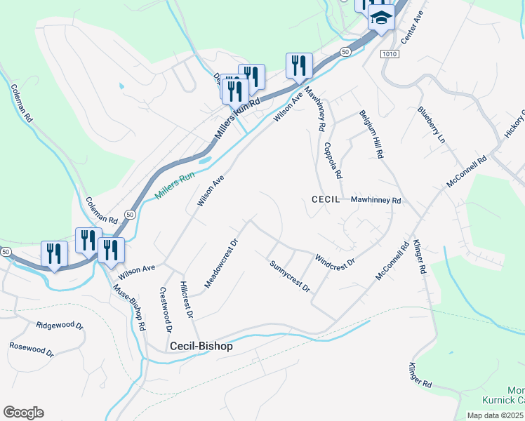 map of restaurants, bars, coffee shops, grocery stores, and more near 50 Meadowcrest Drive in Cecil-Bishop