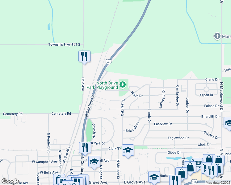 map of restaurants, bars, coffee shops, grocery stores, and more near 358 North Drive in Rantoul