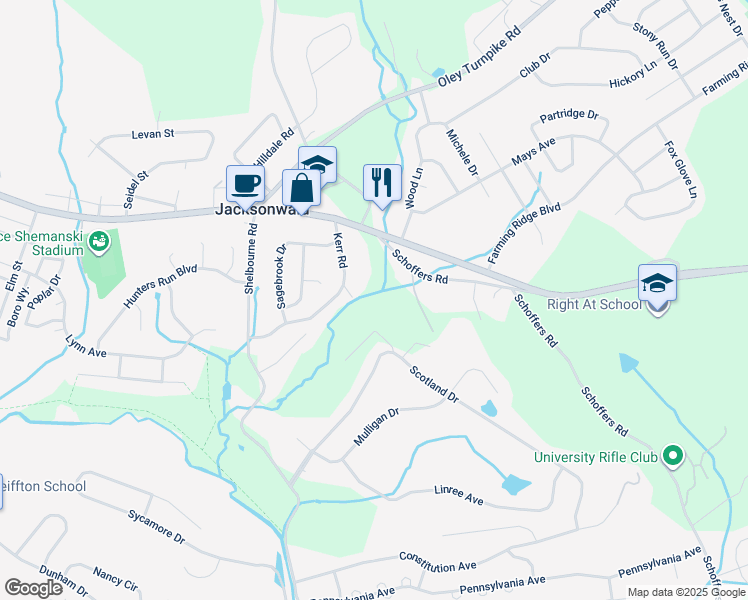 map of restaurants, bars, coffee shops, grocery stores, and more near 110 Kerr Road in Reading
