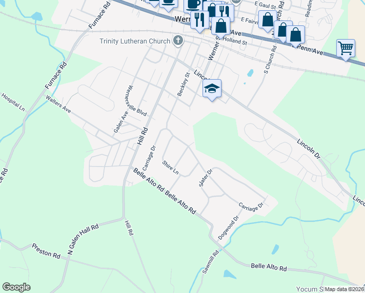 map of restaurants, bars, coffee shops, grocery stores, and more near 117 Carriage Drive in Wernersville