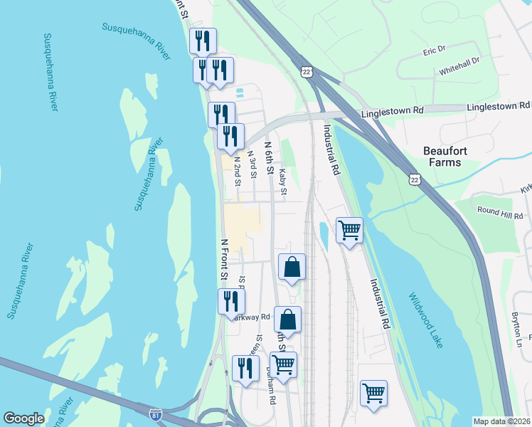 map of restaurants, bars, coffee shops, grocery stores, and more near 4274 N 6th St in Harrisburg