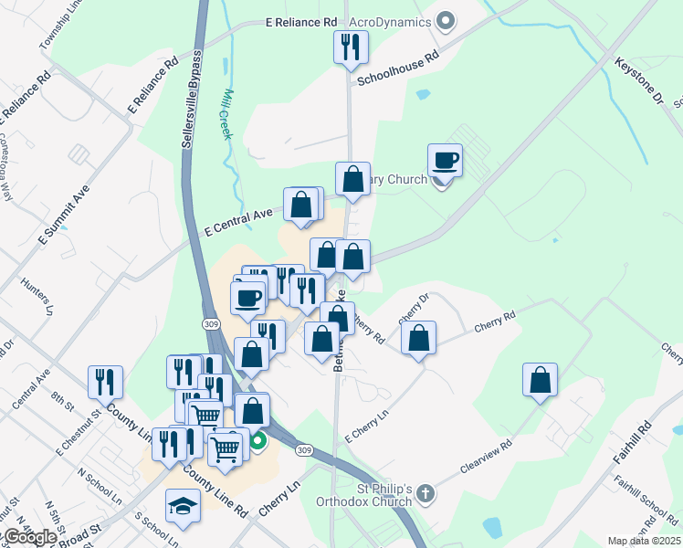 map of restaurants, bars, coffee shops, grocery stores, and more near Bethlehem Pike & PA-113 in Souderton