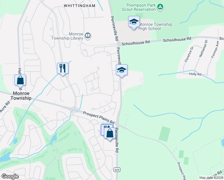 map of restaurants, bars, coffee shops, grocery stores, and more near 36 Winthrop Road in Monroe Township