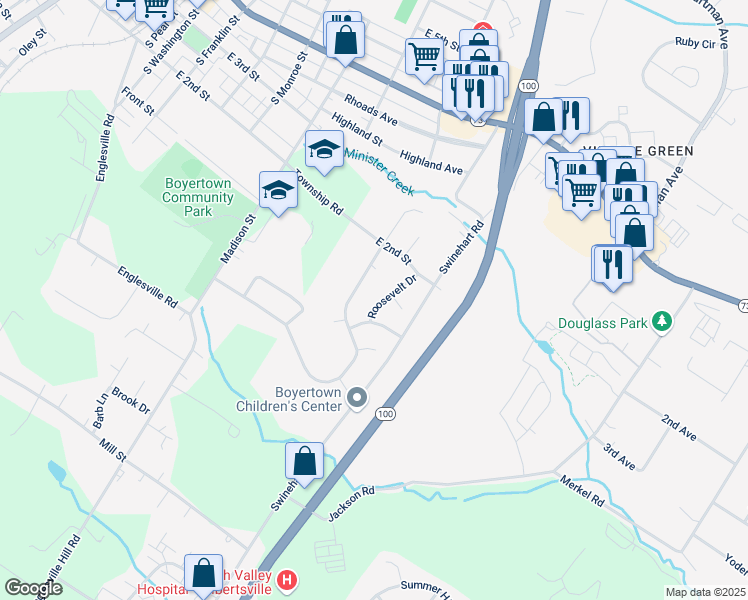 map of restaurants, bars, coffee shops, grocery stores, and more near 63 Roosevelt Drive in Boyertown