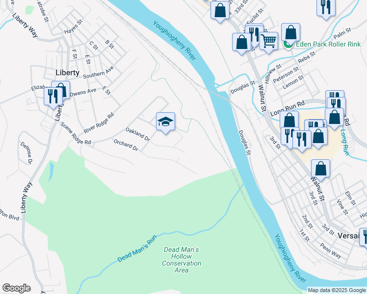 map of restaurants, bars, coffee shops, grocery stores, and more near 3329 Oakland Drive in McKeesport