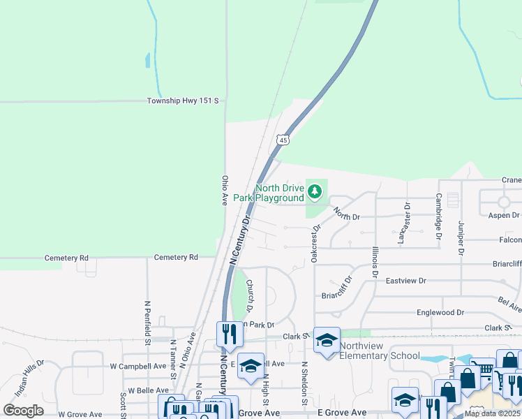 map of restaurants, bars, coffee shops, grocery stores, and more near 1160 North Century Boulevard in Rantoul