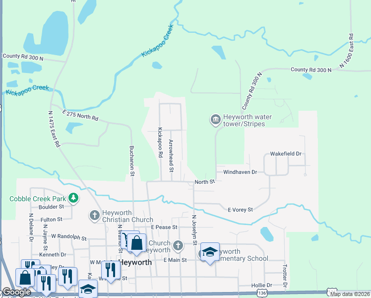map of restaurants, bars, coffee shops, grocery stores, and more near 609 Tomahawk Court in Heyworth