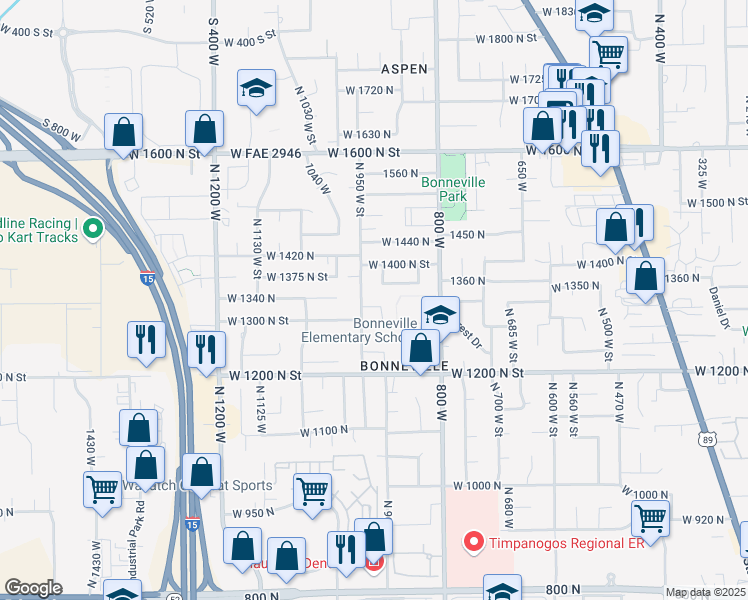 map of restaurants, bars, coffee shops, grocery stores, and more near 920 West 1340 North in Orem