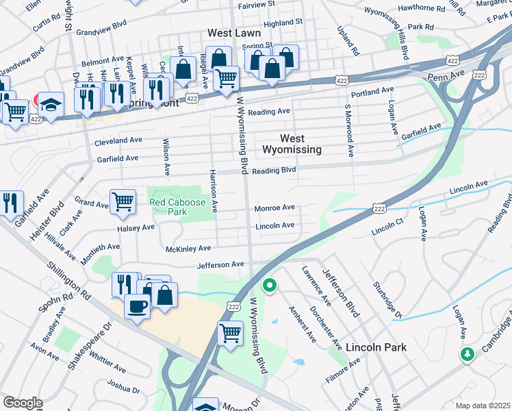 map of restaurants, bars, coffee shops, grocery stores, and more near 2253 Monroe Avenue in West Lawn