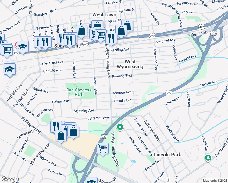 map of restaurants, bars, coffee shops, grocery stores, and more near 2253 Monroe Avenue in West Lawn