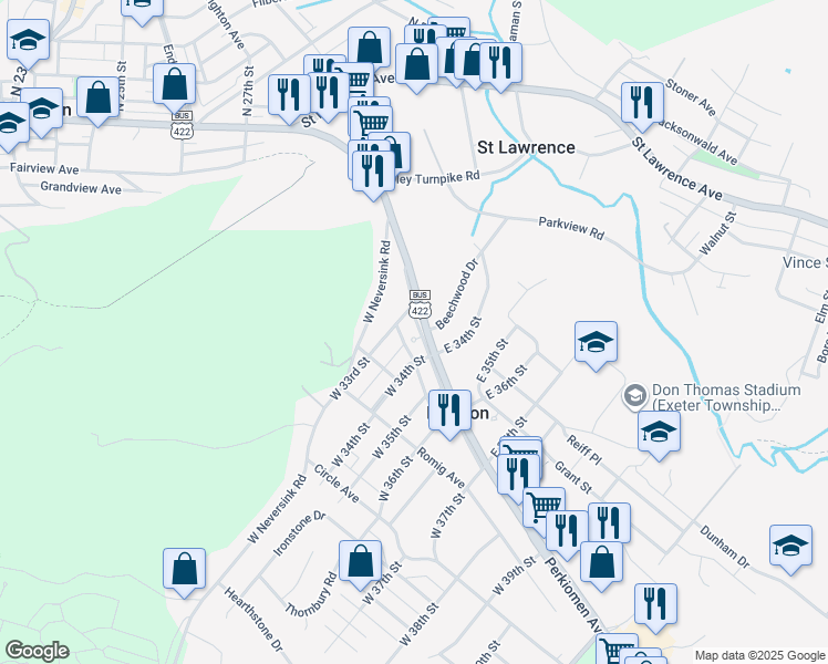 map of restaurants, bars, coffee shops, grocery stores, and more near 3306 Perkiomen Avenue in Reading