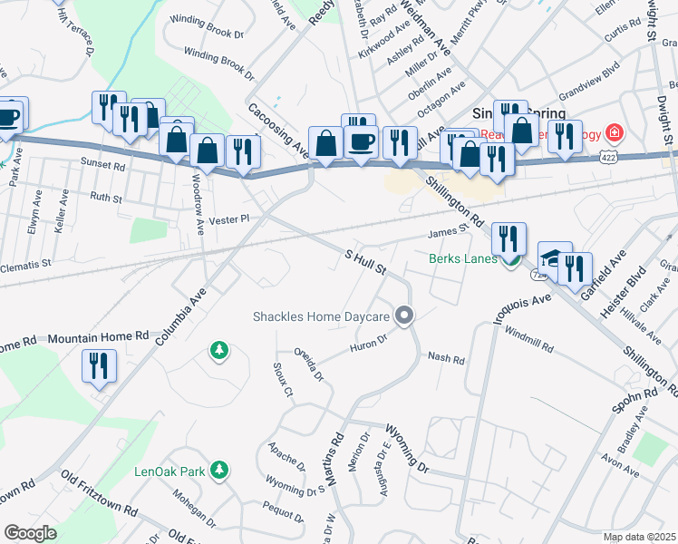 map of restaurants, bars, coffee shops, grocery stores, and more near 316 Windmill Road in Sinking Spring