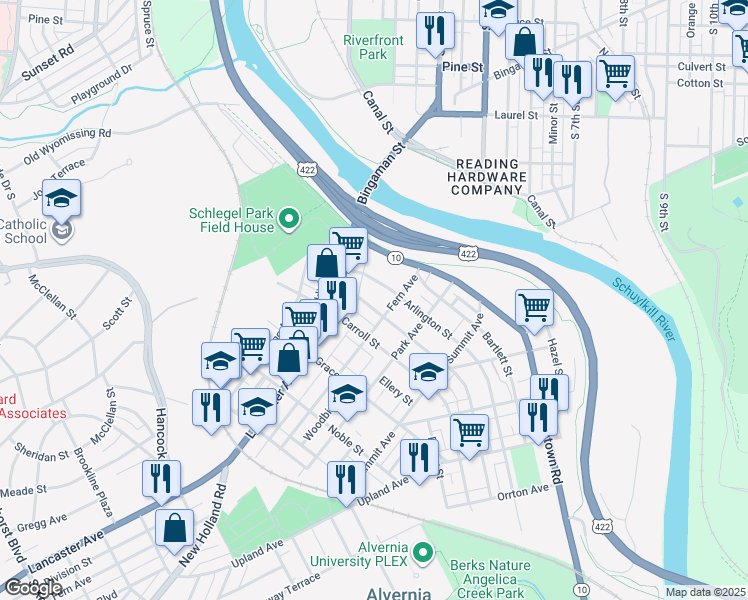 map of restaurants, bars, coffee shops, grocery stores, and more near 39 Crestmont St in Reading