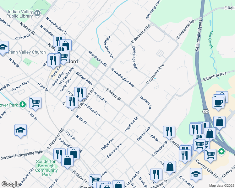 map of restaurants, bars, coffee shops, grocery stores, and more near 401 North Main Street in Telford