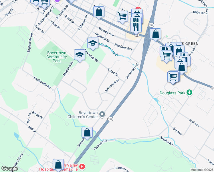 map of restaurants, bars, coffee shops, grocery stores, and more near 63 Roosevelt Drive in Boyertown