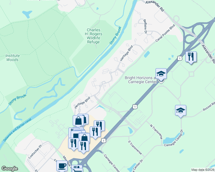 map of restaurants, bars, coffee shops, grocery stores, and more near 111 Worlidge Court in Princeton