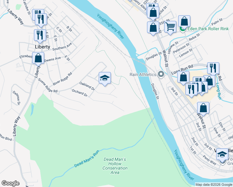 map of restaurants, bars, coffee shops, grocery stores, and more near 3329 Oakland Drive in McKeesport