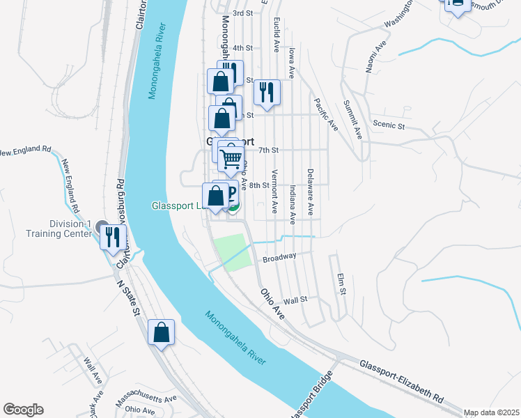 map of restaurants, bars, coffee shops, grocery stores, and more near 834 Vermont Avenue in Glassport
