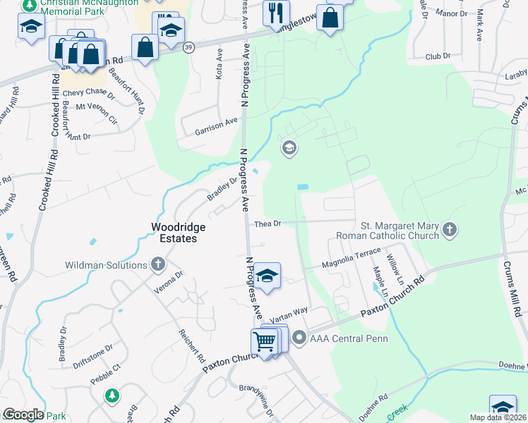map of restaurants, bars, coffee shops, grocery stores, and more near 2401-2499 Thea Dr in Harrisburg