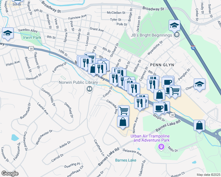 map of restaurants, bars, coffee shops, grocery stores, and more near 61 Colony Drive in Irwin