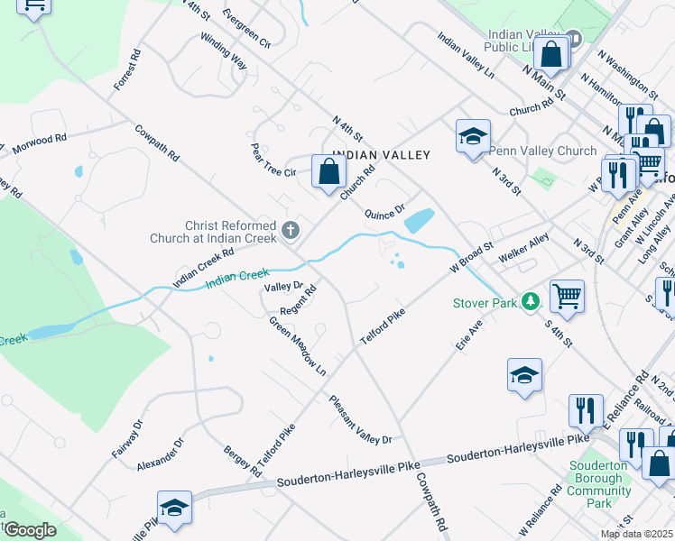 map of restaurants, bars, coffee shops, grocery stores, and more near 521 Cowpath Road in Telford