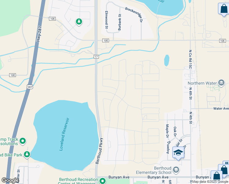 map of restaurants, bars, coffee shops, grocery stores, and more near 1064 County Road 17 in Berthoud