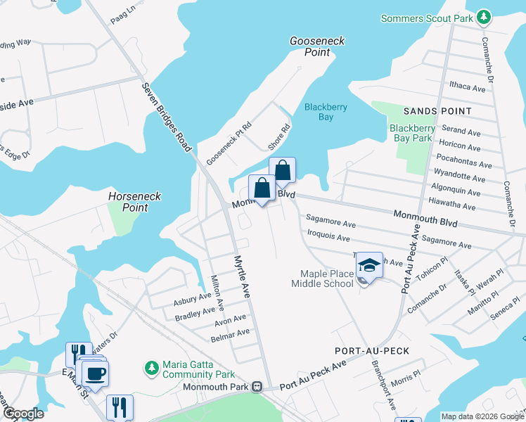map of restaurants, bars, coffee shops, grocery stores, and more near 196 Monmouth Boulevard in Oceanport