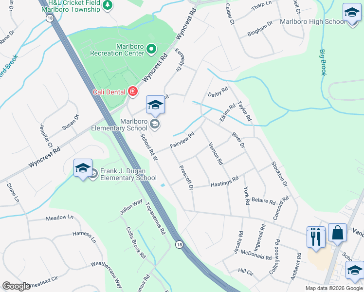 map of restaurants, bars, coffee shops, grocery stores, and more near 12 Fairview Road in Marlboro Township