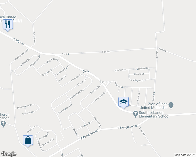 map of restaurants, bars, coffee shops, grocery stores, and more near South 5th Avenue in Lebanon