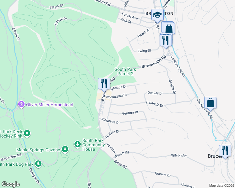 map of restaurants, bars, coffee shops, grocery stores, and more near 119 Norrington Drive in Pittsburgh