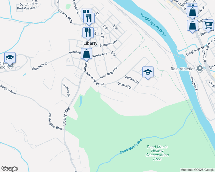 map of restaurants, bars, coffee shops, grocery stores, and more near 511 Scene Ridge Road in McKeesport