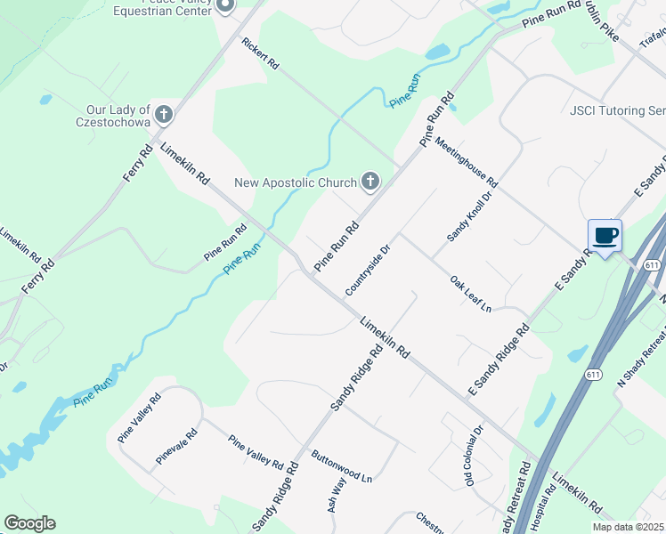 map of restaurants, bars, coffee shops, grocery stores, and more near 307 Pine Run Road in Doylestown