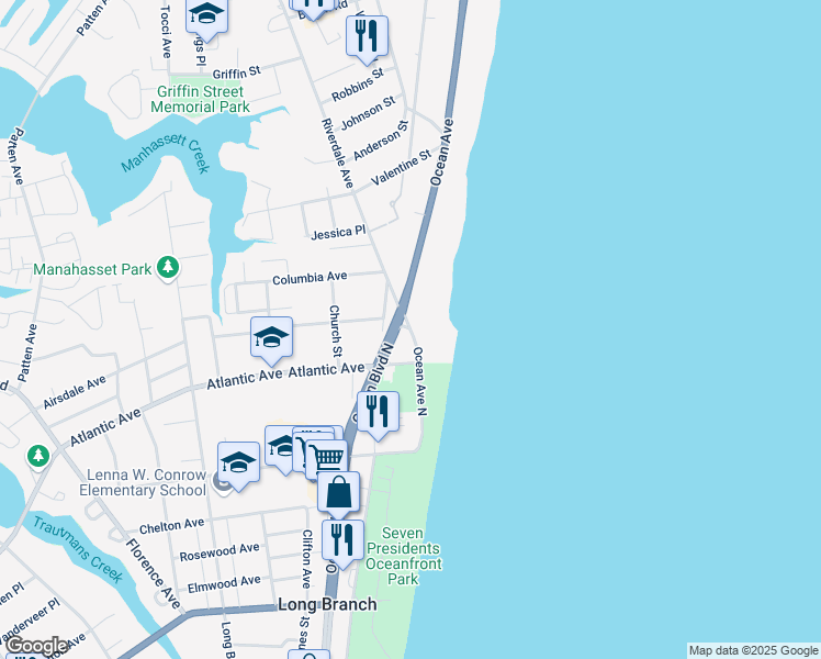 map of restaurants, bars, coffee shops, grocery stores, and more near 480 Ocean Avenue in Long Branch
