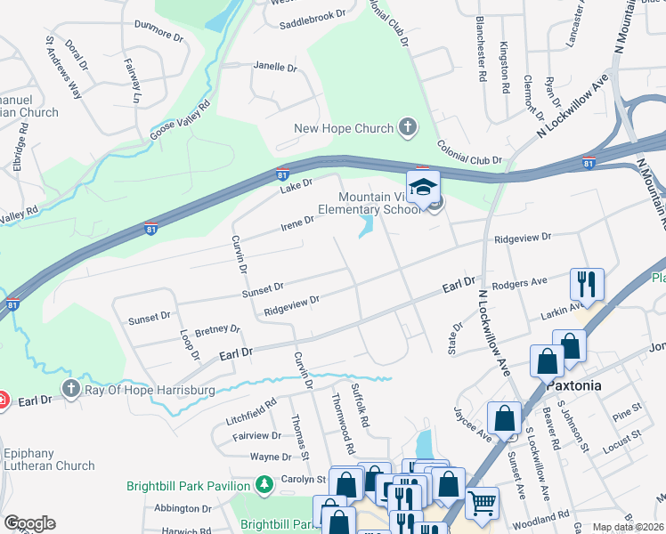 map of restaurants, bars, coffee shops, grocery stores, and more near 5140 Sunset Dr in Harrisburg
