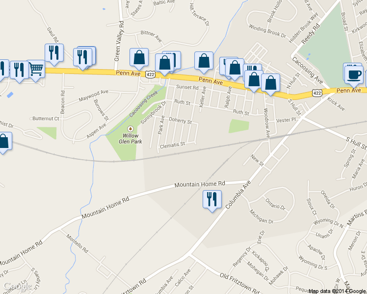 map of restaurants, bars, coffee shops, grocery stores, and more near 1008 Clematis St in Sinking Spring