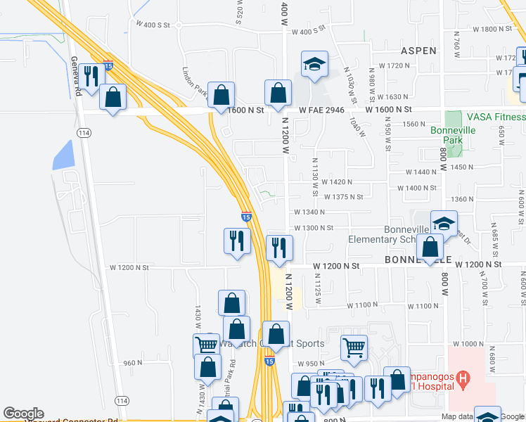 map of restaurants, bars, coffee shops, grocery stores, and more near 1300 North 1230 West in Orem