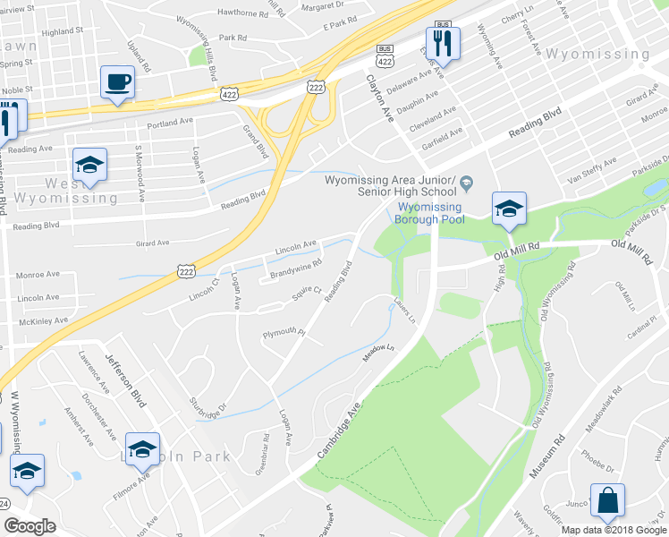 map of restaurants, bars, coffee shops, grocery stores, and more near 1781 Reading Boulevard in Wyomissing