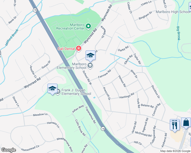 map of restaurants, bars, coffee shops, grocery stores, and more near 5 Fairview Road in Marlboro
