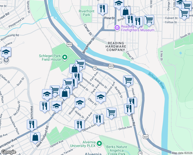 map of restaurants, bars, coffee shops, grocery stores, and more near 109 Arlington Street in Reading