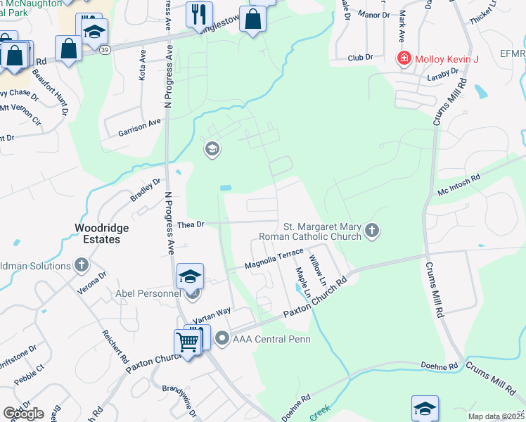 map of restaurants, bars, coffee shops, grocery stores, and more near 3820 Birchwood Circle in Harrisburg