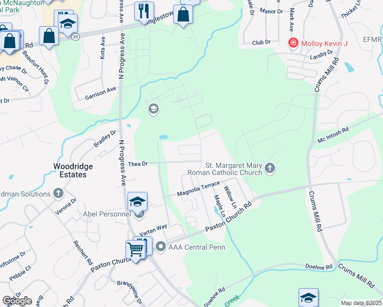 map of restaurants, bars, coffee shops, grocery stores, and more near 3818 Birchwood Circle in Harrisburg