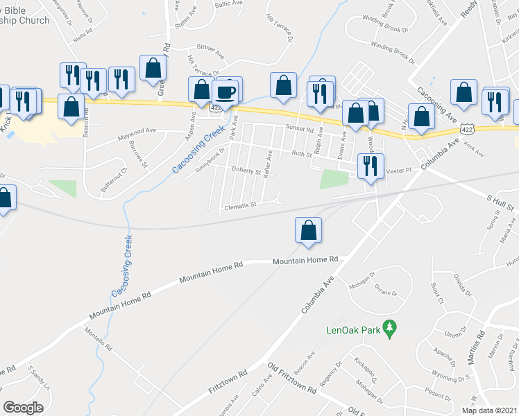 map of restaurants, bars, coffee shops, grocery stores, and more near 1006 Clematis Street in Reading