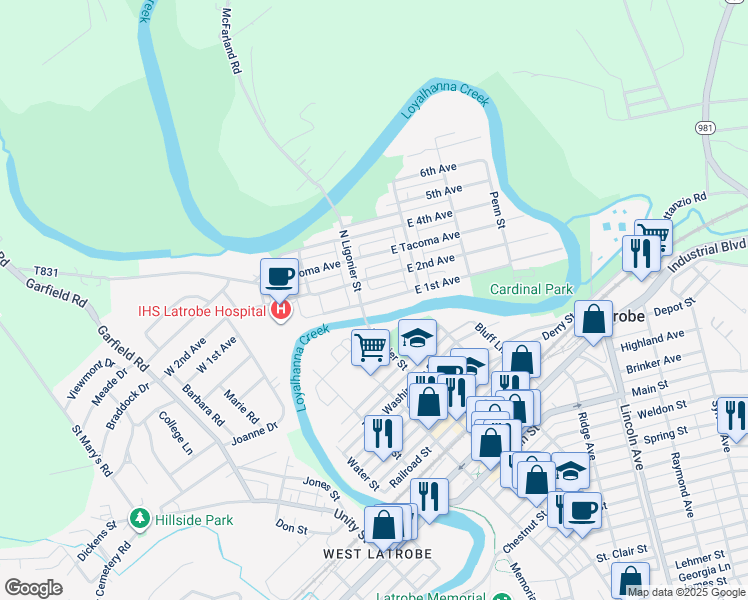 map of restaurants, bars, coffee shops, grocery stores, and more near in Latrobe