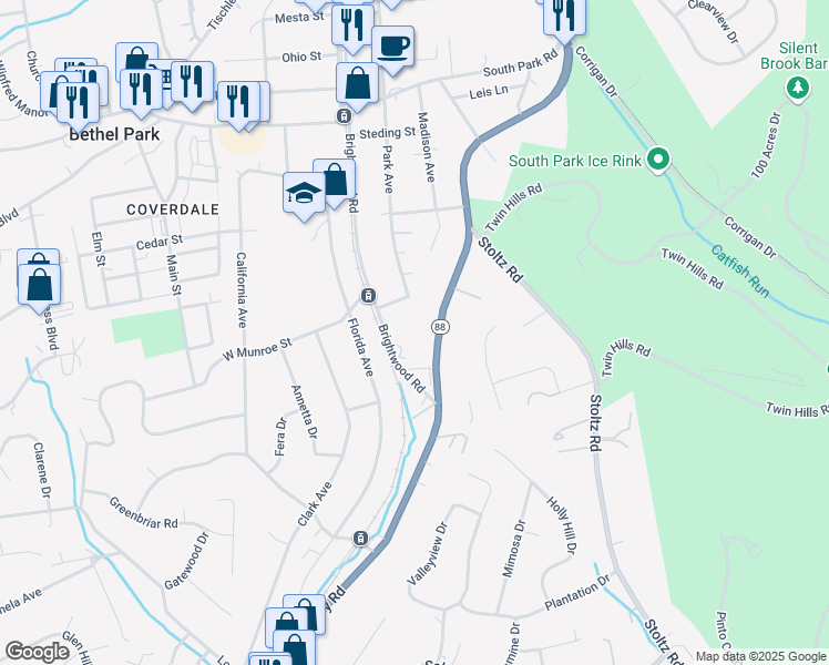 map of restaurants, bars, coffee shops, grocery stores, and more near 5533 Brightwood Road in Bethel Park